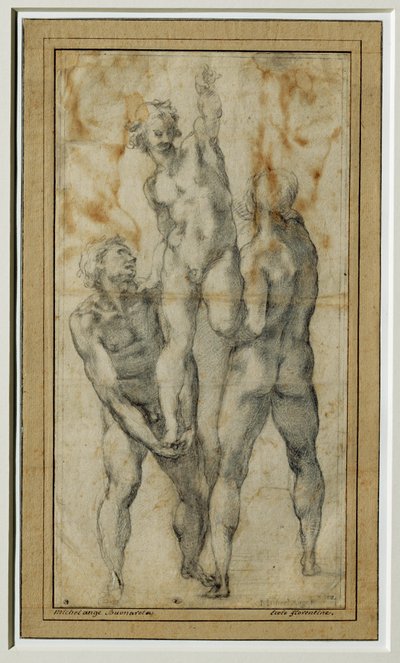 Zwei nackte Männer heben einen dritten, um 1502-06 von Michelangelo Buonarroti