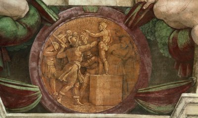 Medaille zeigt die Zerstörung der Statue des Gottes Baal..., 1508-1512 von Michelangelo Buonarroti