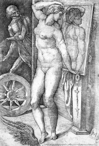 Akt, der sich im Spiegel betrachtet, Druck von Monogrammist von Michelangelo Buonarroti