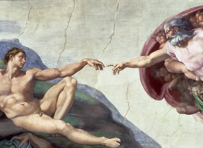 Sixtinische Kapelle: Erschaffung Adams, Detail der ausgestreckten Arme, 1510 (nach der Restaurierung) von Michelangelo Buonarroti