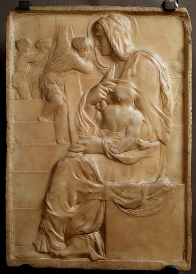 Jungfrau auf der Treppe (Madonna della Scala) Flaches Marmorrelief von Michelangelo Buonarroti von Michelangelo Buonarroti