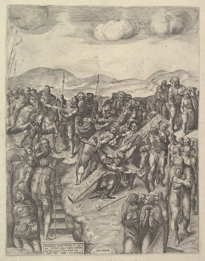 Die Kreuzigung des Heiligen Petrus, nach Michelangelos Fresken in der Paulinischen Kapelle, Va..., 1550-60 von Michele Lucchese