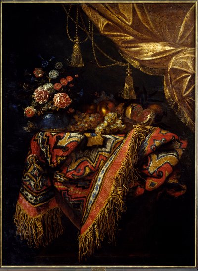 Stillleben mit Früchten und Blumen auf einem Tischtuch. Gemälde von Michelangelo Campidoglio (1610-1670) 17. Jahrhundert. Rennes, Museum der Schönen Künste von Michele Pace del Campidoglio