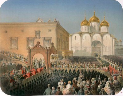 Prozession der Zarin Alexandra Fjodorowna zur Mariä-Entschlafens-Kathedrale, Moskau, 1856 von Mihaly von Zichy