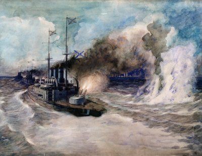 Die Seeschlacht zwischen der Schwarzmeerflotte und dem deutschen Panzerkreuzer Goeben am 5. November 1914 von Mikhail Mikhailovich Semyonov