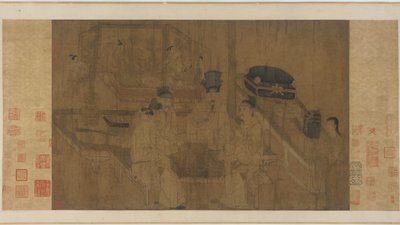 Der Doppelschirm: Kaiser Li Jing beobachtet seine Brüder beim Weiqi-Spiel von Ming Dynasty Chinese School