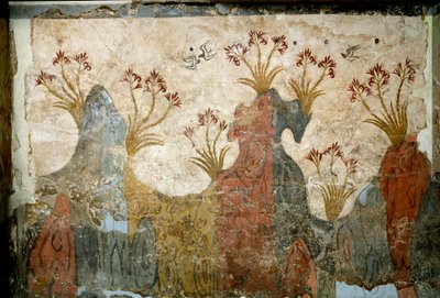 Minoische Kunst: „Frühling“ Fresko aus Akrotiri auf Santorini. 16. Jahrhundert v. Chr. Athen, Nationales Archäologisches Museum von Minoan