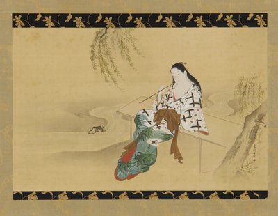 Landschaft: eine Yujo auf einer Bank sitzend, 18. Jahrhundert von Miyagawa Chōshun