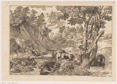 Landschaft mit dem reuigen Hieronymus und drei ruhenden Löwen von Moise Jean Baptiste Fouard