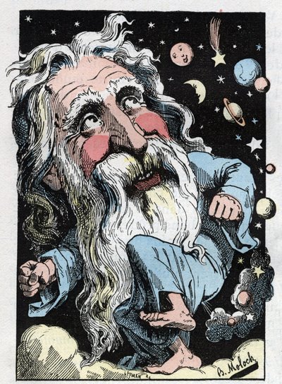 Allegorie Gottes in „The Trombinoscope“ von Touchatout, Karikatur von B. Moloch von 1882 (1849-1909). Private Sammlung. von Moloch