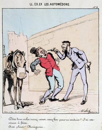 HE. EX. EX. Motoredons: Karikatur des Transports in der Stadt. Ein Bourgeois bittet höflich einen Kutscher, ihn zu fahren, während er ihn mit Waffen bedroht. Zeichnung von Moloch (1849-1909), um 1860. von Moloch