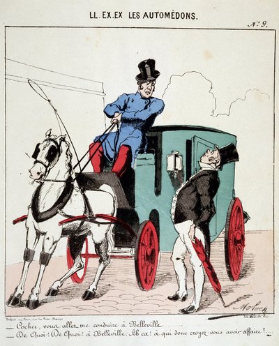 HE. EX. EX. Motoredons: Karikatur des Transports in der Stadt. Ein Kutscher weigert sich, einen Bourgeois nach Belleville (Quartier de Paris) zu bringen. Zeichnung von Moloch (1849-1909), um 1860. von Moloch