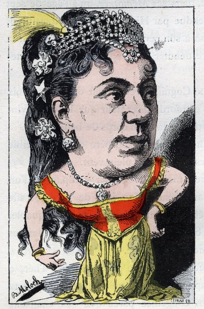 Porträt von Emma Valladon genannt Theresa (1837 -1913) Sängerin des französischen Kabaretts in „Le Trombinoscope“ von Touchatout, Karikatur von B. Moloch von 1882 (1849-1909). Private Sammlung. von Moloch