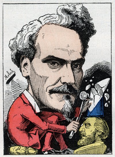 Porträt von Henri de Rochefort (1831-1913) Marquis de Rochefort, Journalist, Politiker und Schriftsteller in „Le Trombinoscope“ von Touchatout, Karikatur von B. Moloch von 1882 (1849-1909). Private Sammlung. von Moloch