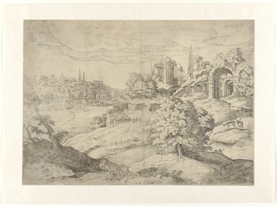 Weite Landschaft mit klassischen Tempeln von Monogrammist DB (etser 16de eeuw)
