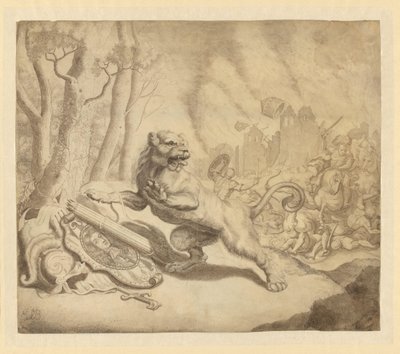 Der niederländische Löwe sucht Hilfe bei Wilhelm III., 1672 von Monogrammist ESB (tekenaar) (signed by artist)