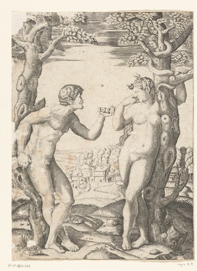 Sündenfall von Adam und Eva beim Baum der Erkenntnis von Gut und Böse mit Schlange von Monogrammist NF (graveur)