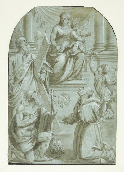 Maria mit dem Jesuskind thronend, umgeben von Apostel Andreas, Johannes dem Täufer als Kind, dem heiligen Hieronymus und dem heiligen Franz von Assisi von Moretto da Brescia