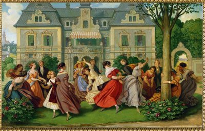Gesellschaftsspiele, ein Herrenhaus im Hintergrund von Moritz Ludwig von Schwind