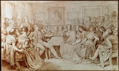 Der Komponist Franz Schubert begleitet den Tenor Johann Michael Vogl bei einem musikalischen Abend bei Baron von Spaun von Moritz Ludwig von Schwind