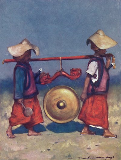 Shan-Träger, die einen Messinggong tragen von Mortimer L Menpes