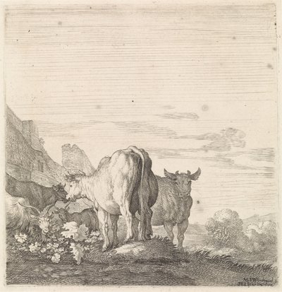Kühe und Ziegen in einer Landschaft mit Häusern (Vierfüßige Tiere) von Moyses van Wtenbrouck