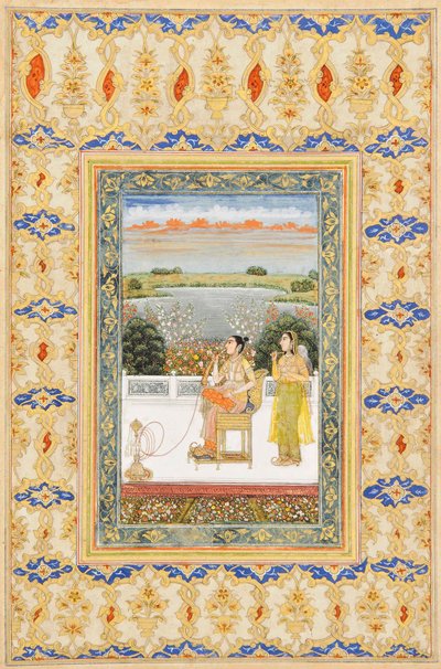 Albumseite: Gulbadan Begum raucht auf einer Terrasse, Delhi, ca. 1800 von Mughal School