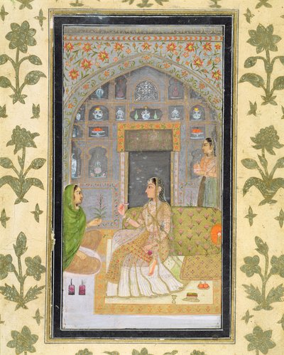 Dame sitzt in einem Pavillon mit Begleitern, aus dem Small Clive Album von Mughal School