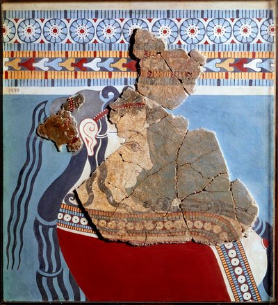 Mykenische Kunst: Frauenbüste. Fragment eines Freskos aus dem Palast von Tiryns und Rekonstruktion von Mycenaean