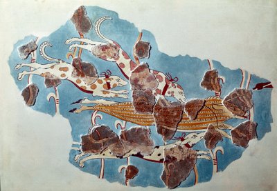 Mykenische Kunst: Jagdszene, Hunde jagen Wildschwein. Fragment eines Freskos aus dem Palast von Tiryns und Rekonstruktion von Mycenaean