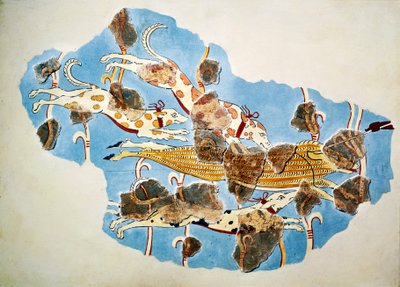 Fresko, das eine Jagdszene darstellt, aus Tiryns, Griechenland von Mycenaean Mycenaean