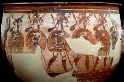 Mykenische Zivilisation: Krater genannt die Krieger. Aus dem Kreis der Gräber A in Mykene. 12. Jahrhundert v. Chr. Athen, Nationales Archäologisches Museum - Kunst der mykenischen Zivilisation: Krater genannt Kriegerkrater. Aus dem Grabkreis A in Mykene. 1 von Mycenaean Mycenaean