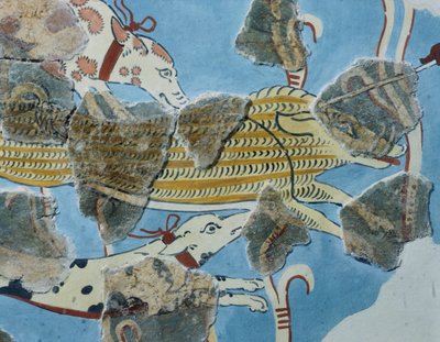 Fresko aus dem Palast von Tirinto (Griechenland). Detail: Gruppe von Hunden, die ein Wildschwein angreifen. Mykenische Zivilisation von Mycenean