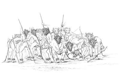 Indianische Jäger tanzen mit Büffelmasken, 1841 von Myers and Co
