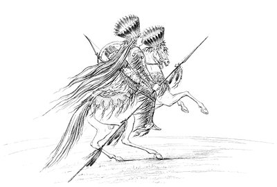 Indianischer Mann mit Waffen und Kopfschmuck, reitet ein Pferd, 1841 von Myers and Co