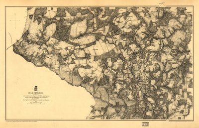 21.120. LC Civil War Maps (2. Aufl.), 531.3 In dieser Ausgabe ist die Karte auf gelbem Hintergrund gedruckt, der Chickahominy River ist grün gefärbt. Zeigt Straßen, Virginia Central R. R., Häuser, Zäune, Namen der Bewohner, Vegetation, Entwässerung und Rel von N. Michler