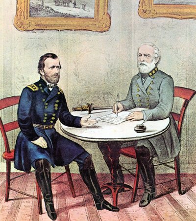 Amerikanischer Bürgerkrieg: Generäle Grant (links) und Lee treffen sich am Palmsonntag 1865, um die Kapitulationsbedingungen für Lees Armee von Nord-Virginia zu besprechen von N. and Ives J.M. (1824 95) Currier