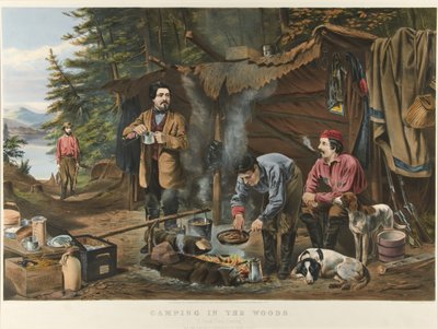 Camping im Wald „Eine gute Zeit kommt“ (Farblithographie) von Currier and Ives