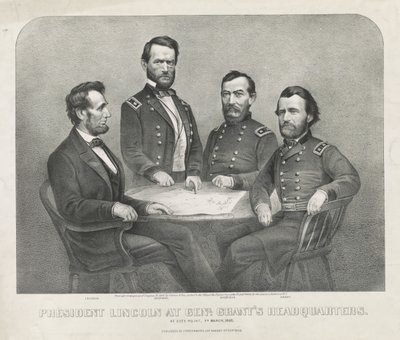 Präsident Lincoln im Hauptquartier von General Grant, ca. 1865 (Lithographie) von Currier and Ives