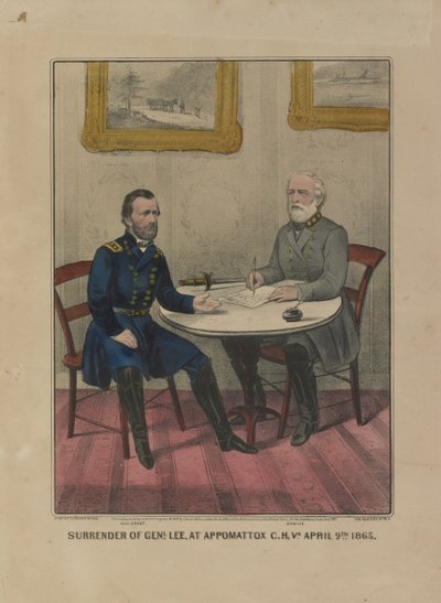 Kapitulierung von General Lee in Appomattox C.H. Va. am 9. April 1865 (Farblithographie) von Currier and Ives