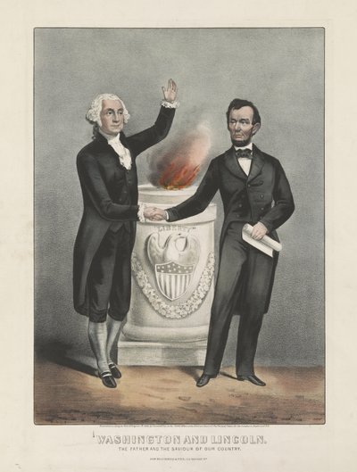 Washington und Lincoln. Der Vater und der Retter unseres Landes, ca. 1865 von Currier and Ives