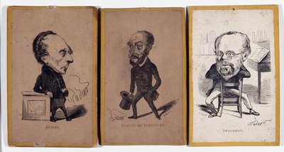 3 Karikaturporträts: François Pierre Guillaume Guizot (1787-1874), französischer Historiker und Politiker, Charles Jean-Baptiste (Jean Baptiste) Jacquot dit Eugène de Mirecourt (1812-1880), französischer Journalist und Schriftsteller, und Pierre-Joseph Pro von Nadar