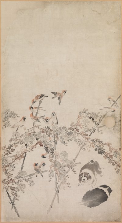 Welpen, Spatzen und Chrysanthemen von Nagasawa Rosetsu