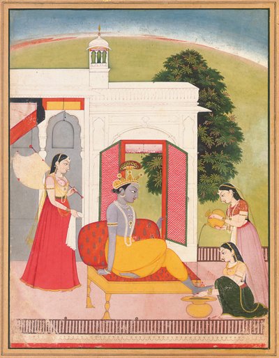 Krishnas Füße werden von Mägden gewaschen, Punjab Hills, Basohli, ca. 1780 von Nainsukh