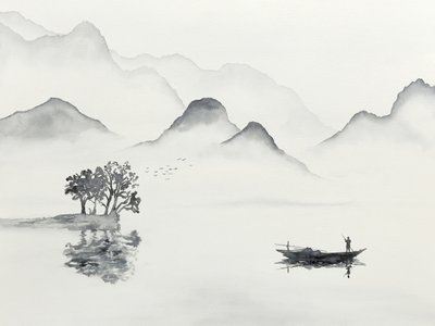 Gelassener Bergsee mit Boot von Natalie Bruns