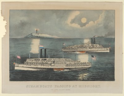 Dampfschiffe passieren um Mitternacht - Auf dem Long Island Sound, 1872-74 von Currier and Ives