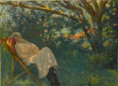 Dame in Rosa auf einer Chaiselongue von Nazmi Ziya Gueran