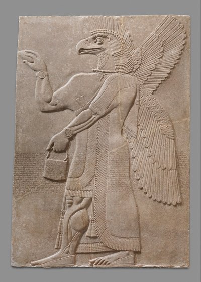 Relieftafel einer geflügelten, adlerköpfigen übernatürlichen Figur, ca. 883-59 v. Chr. von Neo Assyrian