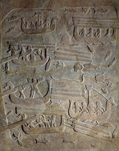 Mesopotamien in der neubabylonischen Ära (ca. 1000-612 v. Chr.): „Seefahrtsexpedition, Holztransport aus dem Libanon entlang der phönizischen Küste, Beladung der Boote“ 8. Jahrhundert v. Chr. Aus Khorsabad (Khunsabad) Paris, Musée du Louvre von Neo Assyrian Neo Assyrian