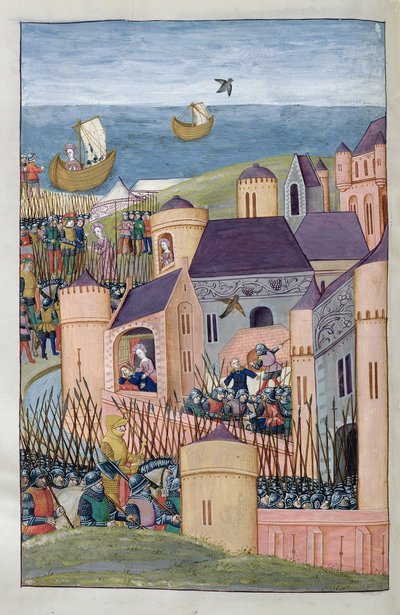 Minos belagert Megara. Scylla schneidet verräterisch das Haar ihres Vaters und flieht, aus Metamorphosen 8 von Ovid, 1479 von Netherlandish School